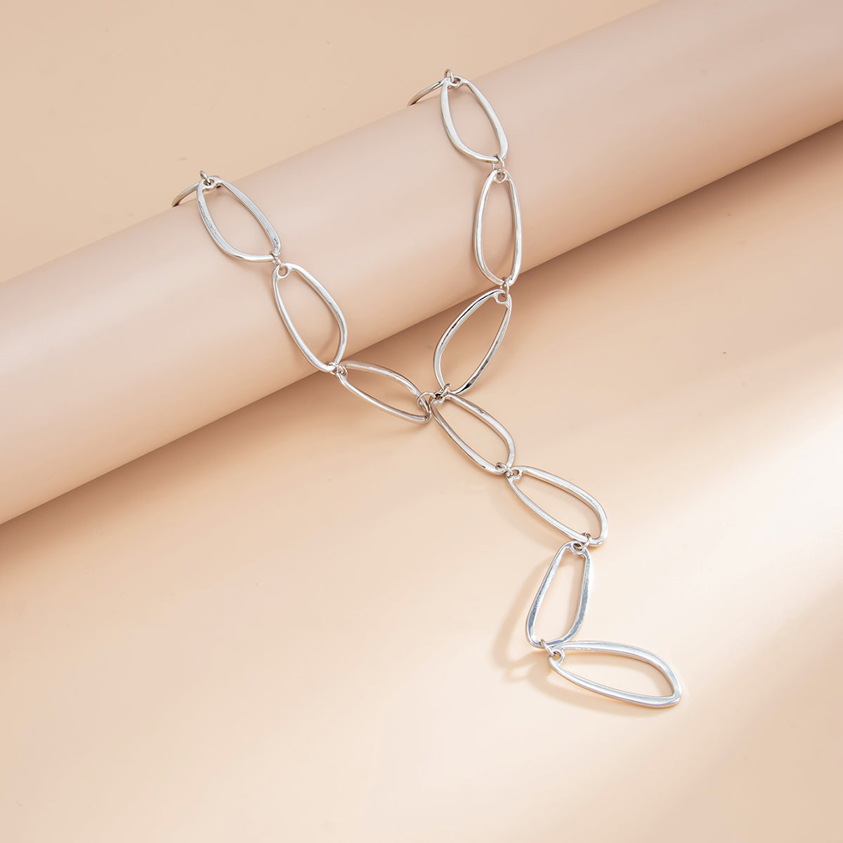 Silvertone Open Drop Lariat Necklace, everyday style, detail close-up