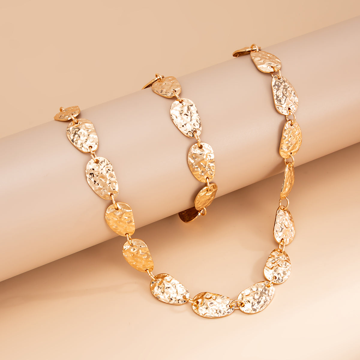 Goldtone Hammered Pear Chain Bracelet and Necklace Set, elegant gift for her, side view