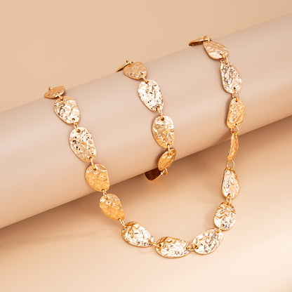 Goldtone Hammered Pear Chain Bracelet and Necklace Set, elegant gift for her, side view