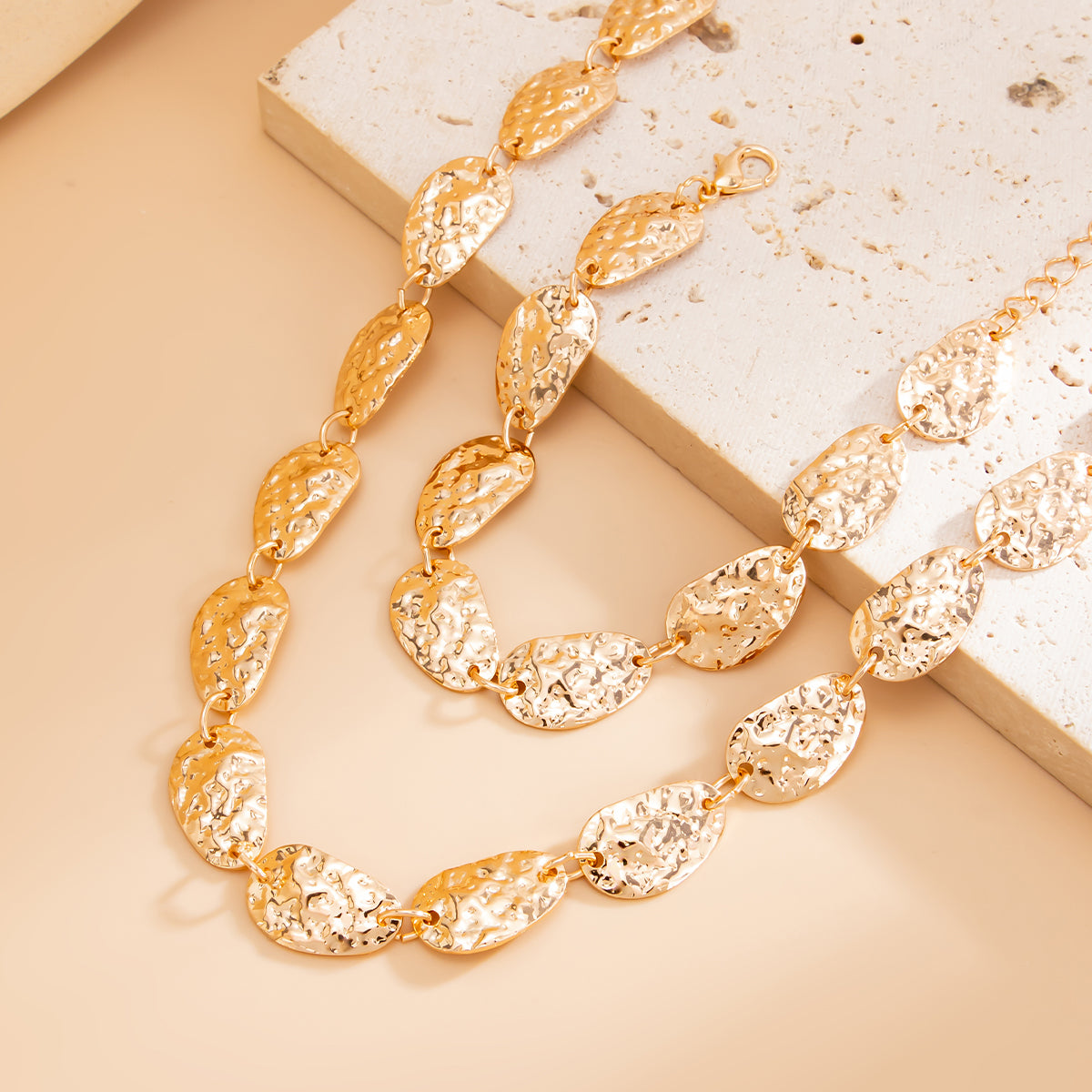 Goldtone Hammered Pear Chain Bracelet and Necklace Set, elegant gift for her, detail close-up