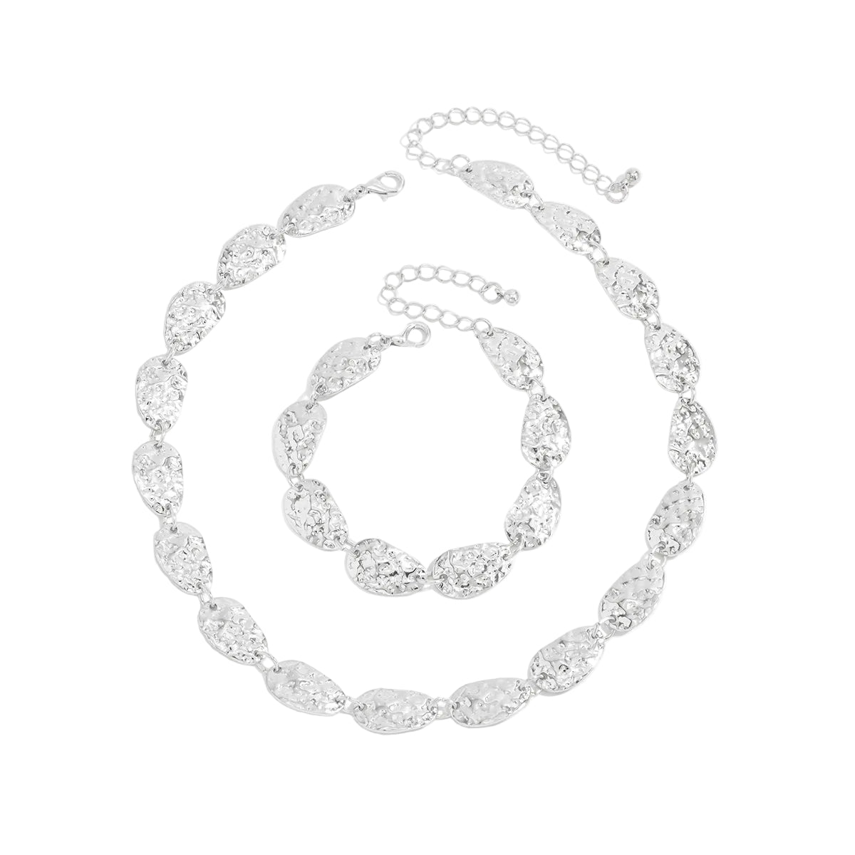 Silvertone Hammered Pear Chain Bracelet and Necklace Set, dainty minimalist design, front view