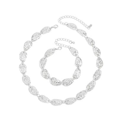 Silvertone Hammered Pear Chain Bracelet and Necklace Set, dainty minimalist design, front view