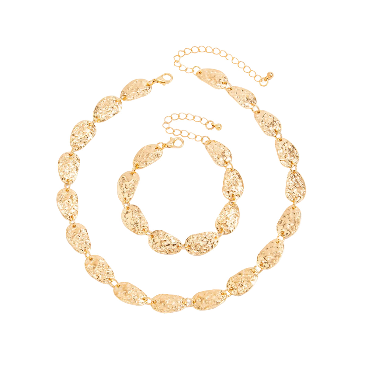 Goldtone Hammered Pear Chain Bracelet and Necklace Set, elegant gift for her, front view