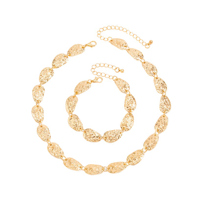 Goldtone Hammered Pear Chain Bracelet and Necklace Set, elegant gift for her, front view