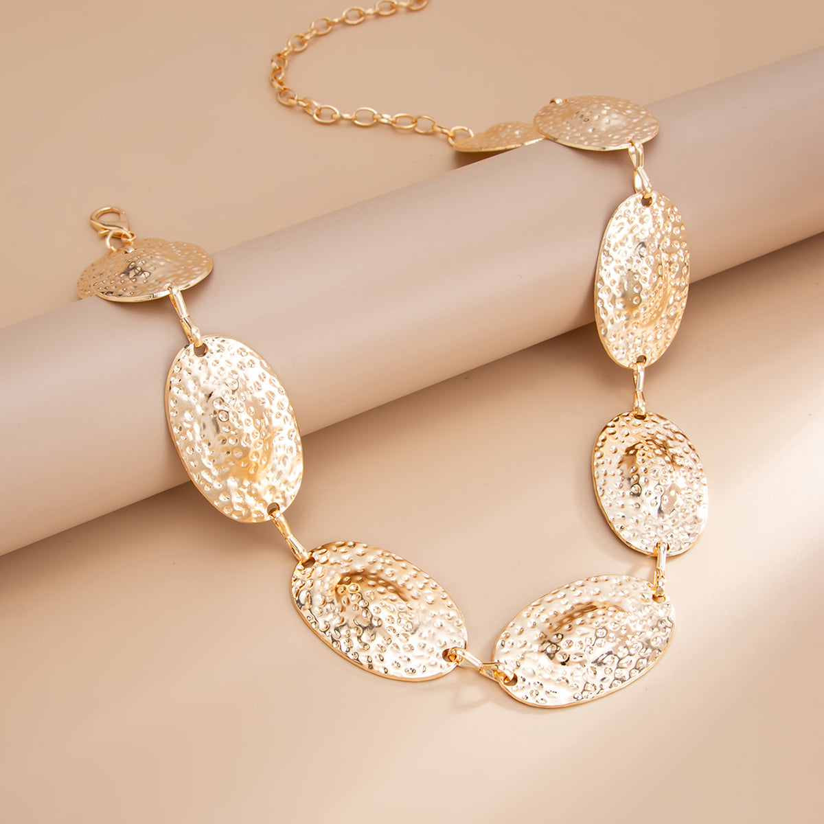 Goldtone Hammered Oval Station Waist Chain, dainty minimalist design, side view