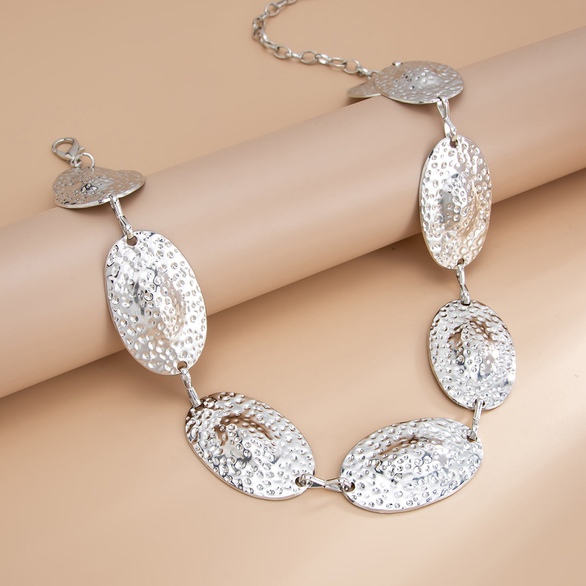Silvertone Hammered Oval Station Waist Chain, everyday style, side view