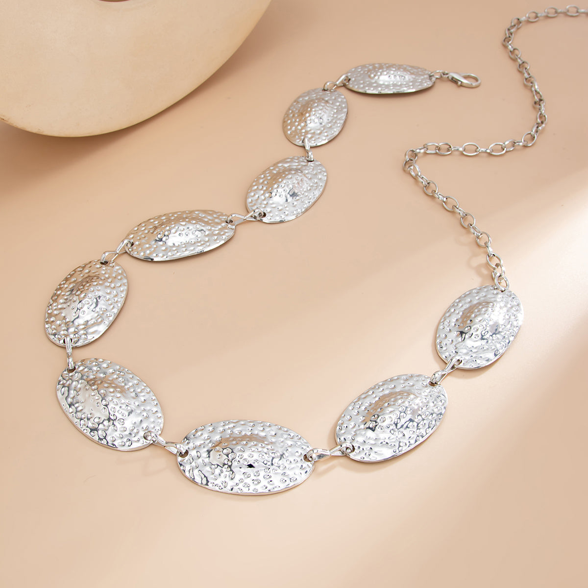 Silvertone Hammered Oval Station Waist Chain, everyday style, detail close-up