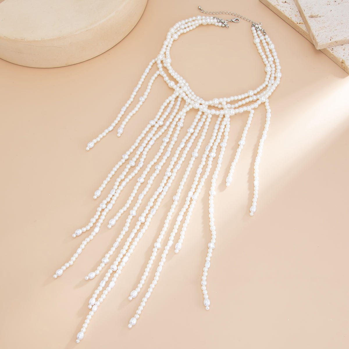 Pearl and Silvertone Layered Tassel Statement Necklace, botanical inspired, side view