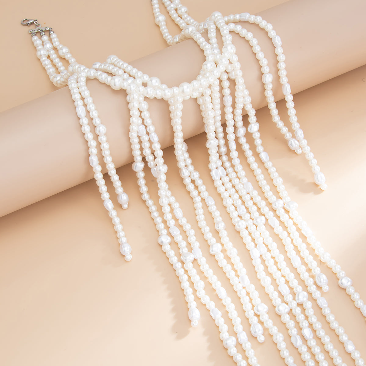 Pearl and Silvertone Layered Tassel Statement Necklace, botanical inspired, detail close-up