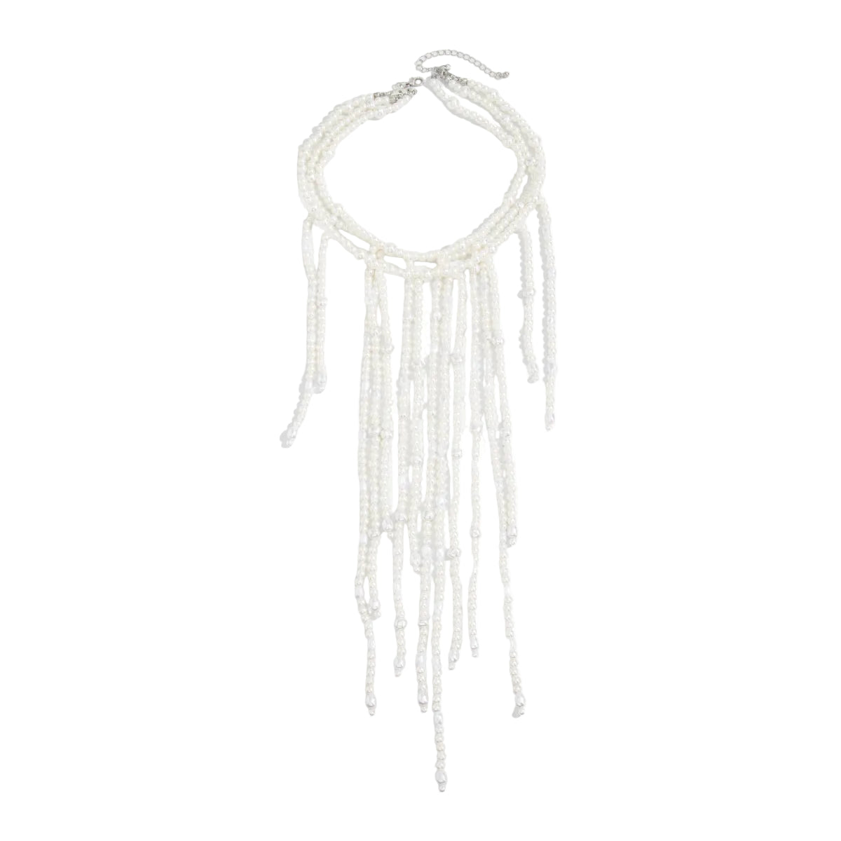 Pearl and Silvertone Layered Tassel Statement Necklace, botanical inspired, front view