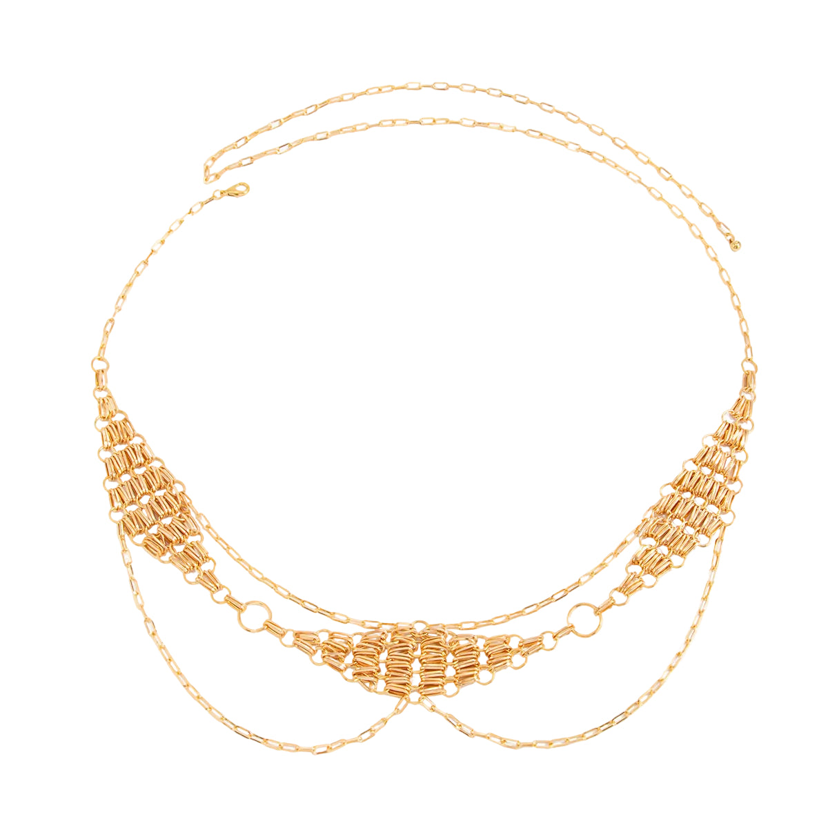 Goldtone Netted Rhombus Layered Waist Chain, vintage-inspired design, front view