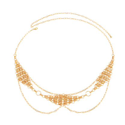 Goldtone Netted Rhombus Layered Waist Chain, vintage-inspired design, front view