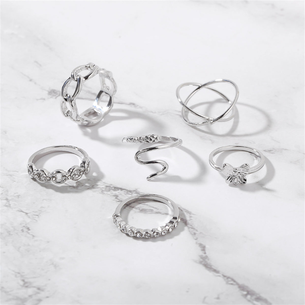 Cubic Zirconia and Silver-Plated Butterfly Snake Ring Set, silver statement rings for women, detail close-up