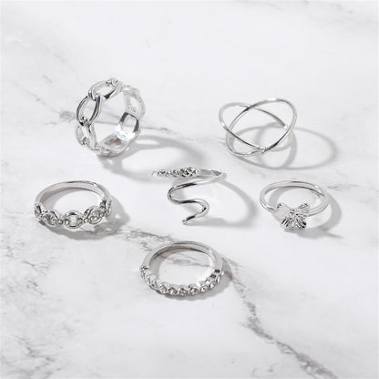 Cubic Zirconia and Silver-Plated Butterfly Snake Ring Set, silver statement rings for women, detail close-up