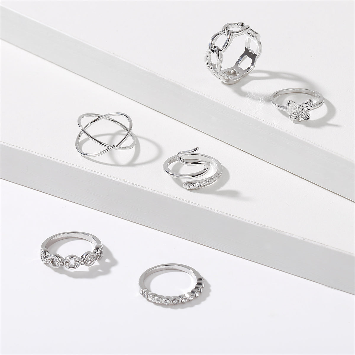 Cubic Zirconia and Silver-Plated Butterfly Snake Ring Set, silver statement rings for women, lifestyle look