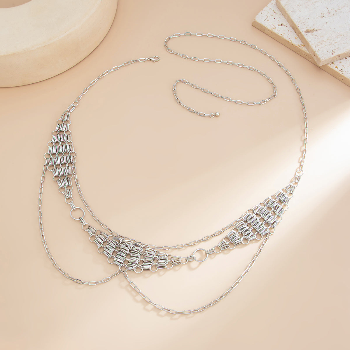 Silvertone Netted Rhombus Layered Waist Chain, dainty minimalist design, side view