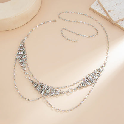 Silvertone Netted Rhombus Layered Waist Chain, dainty minimalist design, side view