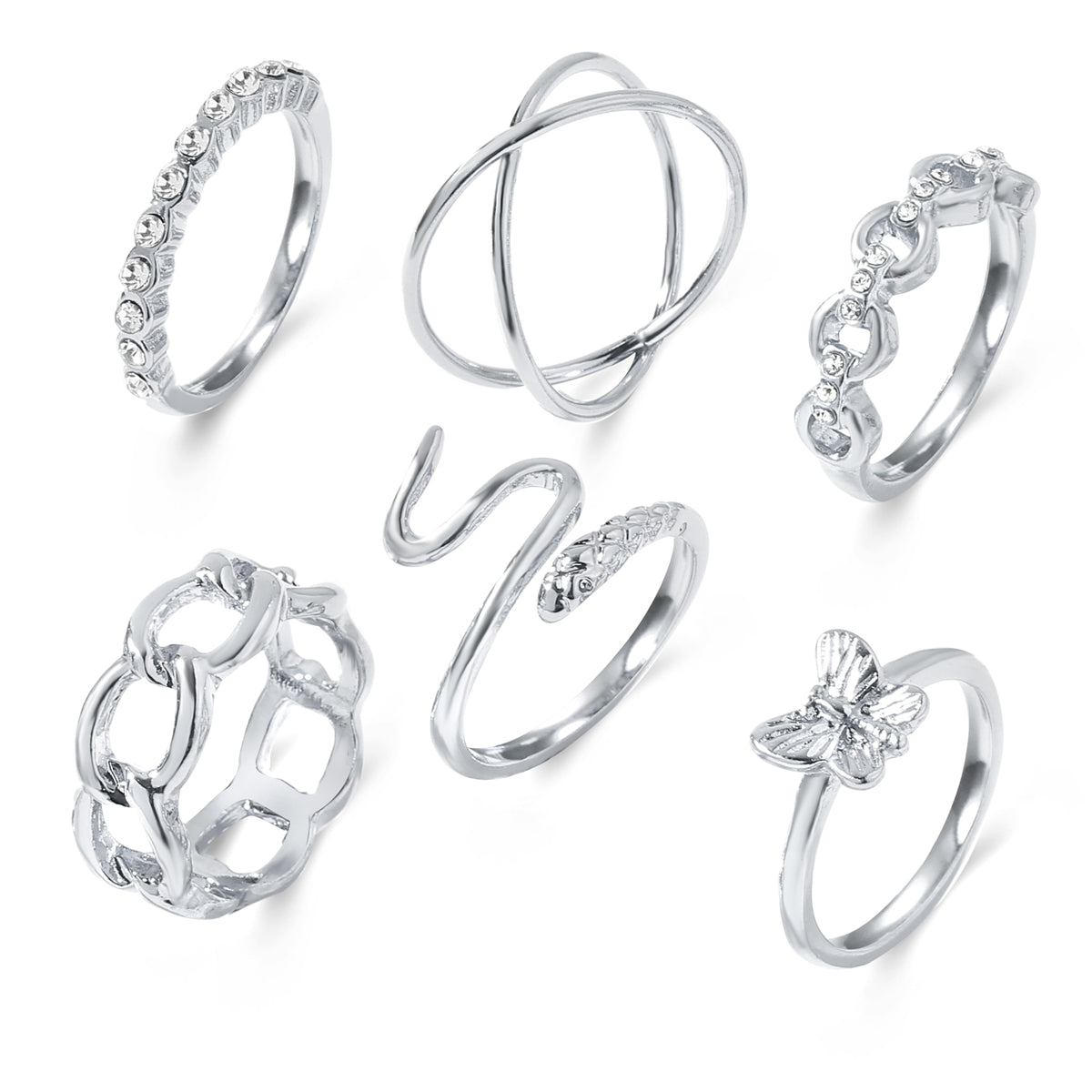 Cubic Zirconia and Silver-Plated Butterfly Snake Ring Set, silver statement rings for women, styled look