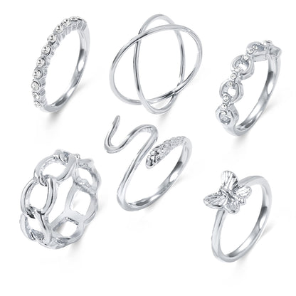 Cubic Zirconia and Silver-Plated Butterfly Snake Ring Set, silver statement rings for women, styled look