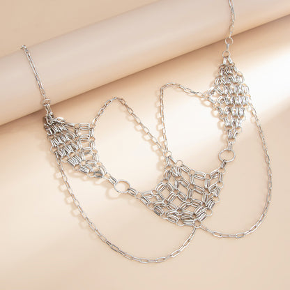 Silvertone Netted Rhombus Layered Waist Chain, dainty minimalist design, detail close-up