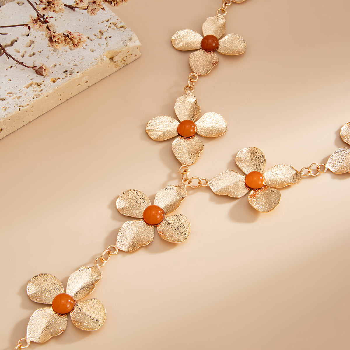Resin and Goldtone Flower Statement Y-Necklace, everyday style, detail close-up