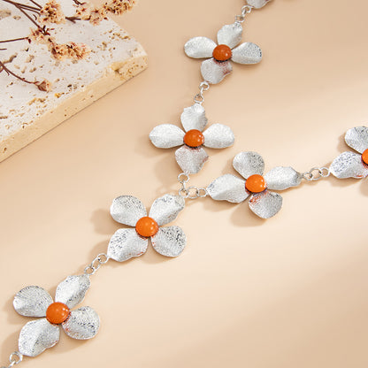 Resin and Silvertone Flower Statement Y-Necklace, botanical inspired, detail close-up