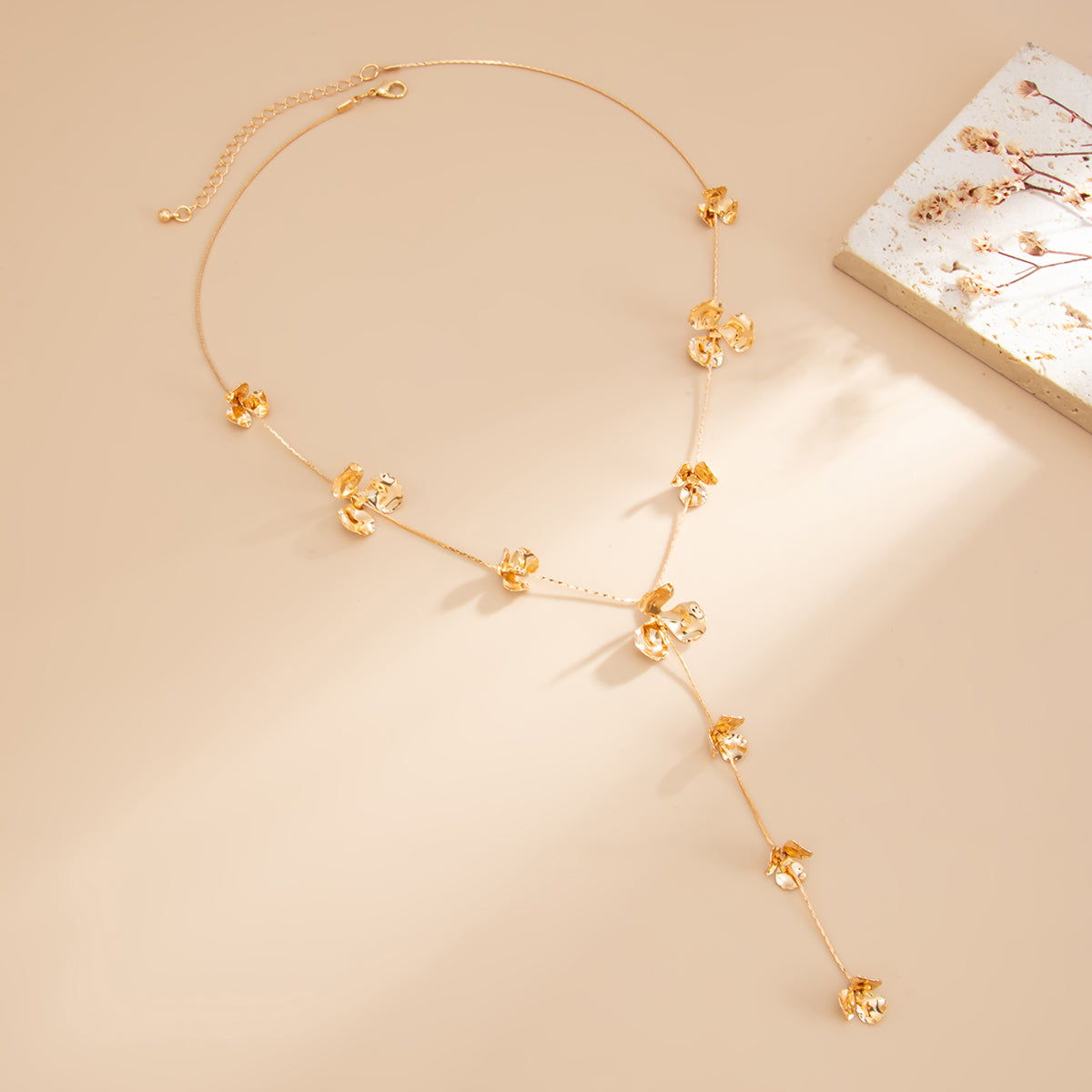 Enamel and Goldtone Flower Y-Necklace, vintage-inspired design, detail close-up