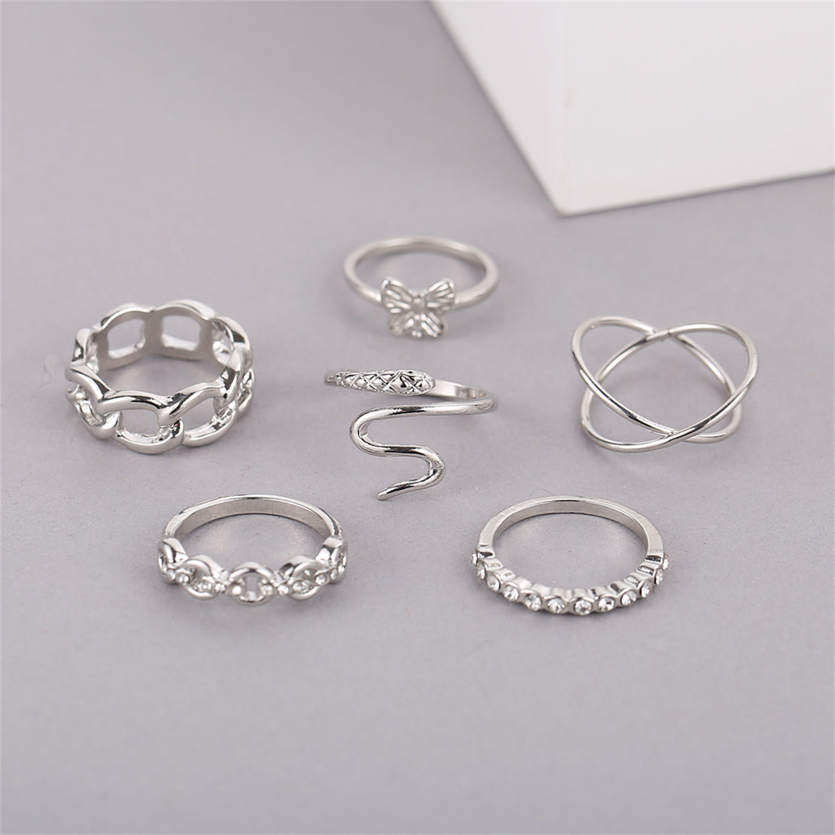Cubic Zirconia & Silver-Plated Butterfly Snake Ring Set