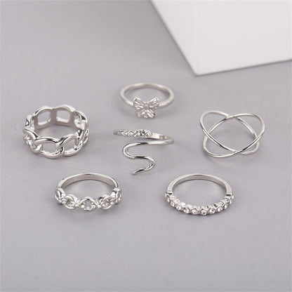 Cubic Zirconia & Silver-Plated Butterfly Snake Ring Set