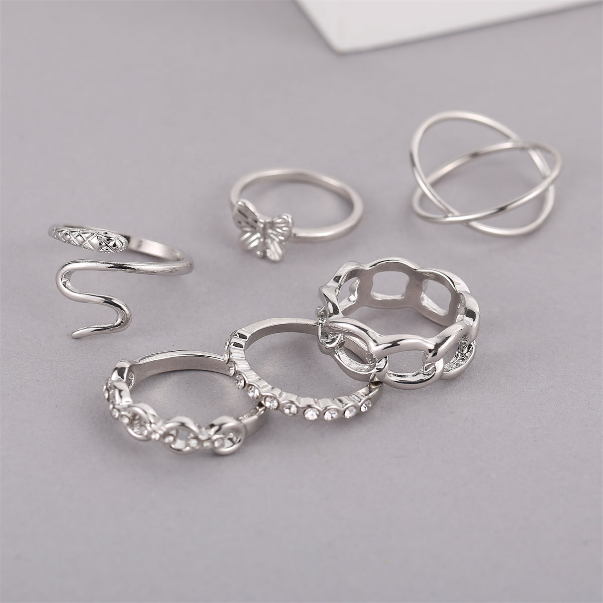 Cubic Zirconia & Silver-Plated Butterfly Snake Ring Set