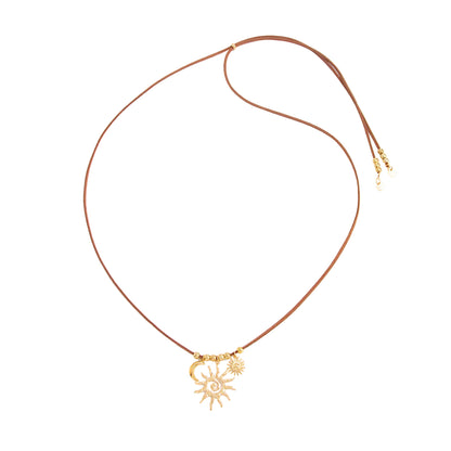 Brown Polyster and Goldtone Sun Moon Pendant Necklace, elegant gift for her, front view
