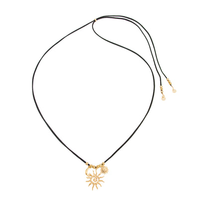 Black Polyster and Goldtone Sun Moon Pendant Necklace, vintage-inspired design, front view
