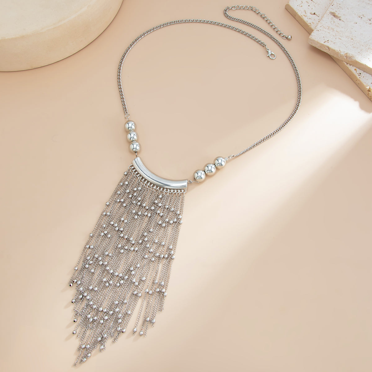 Silvertone Ball Tassel Statement Necklace, elegant gift for her, side view