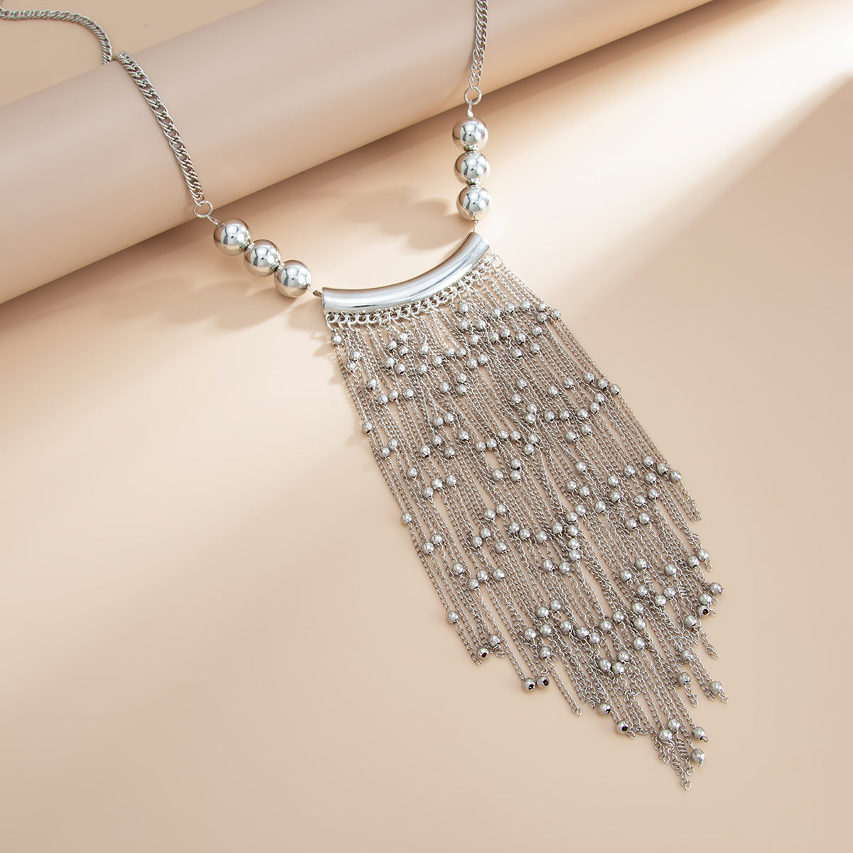 Silvertone Ball Tassel Statement Necklace, elegant gift for her, detail close-up