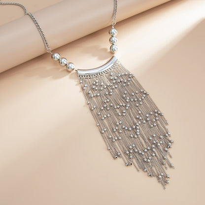 Silvertone Ball Tassel Statement Necklace, elegant gift for her, detail close-up