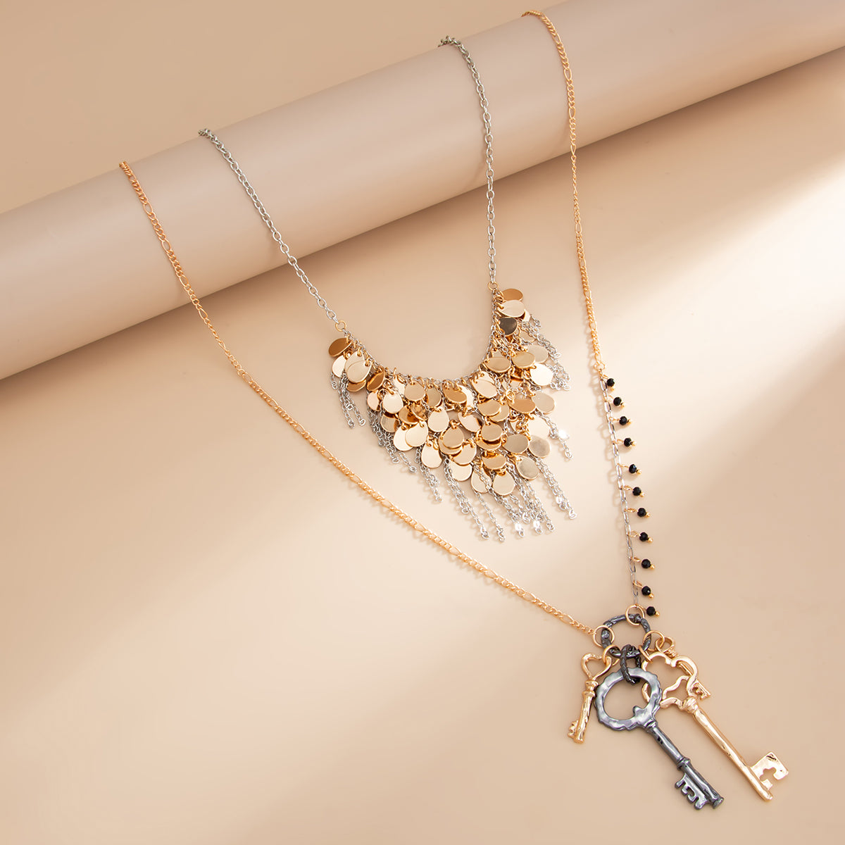 Acrylic and Tri-Tone Disc Key Pendant Necklace Set, elegant gift for her, side view