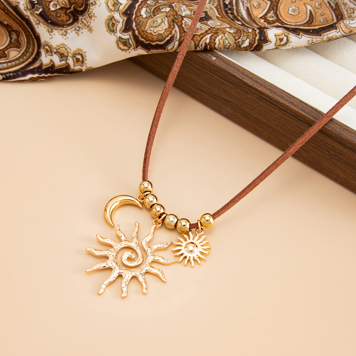 Brown Polyster and Goldtone Sun Moon Pendant Necklace, elegant gift for her, side view