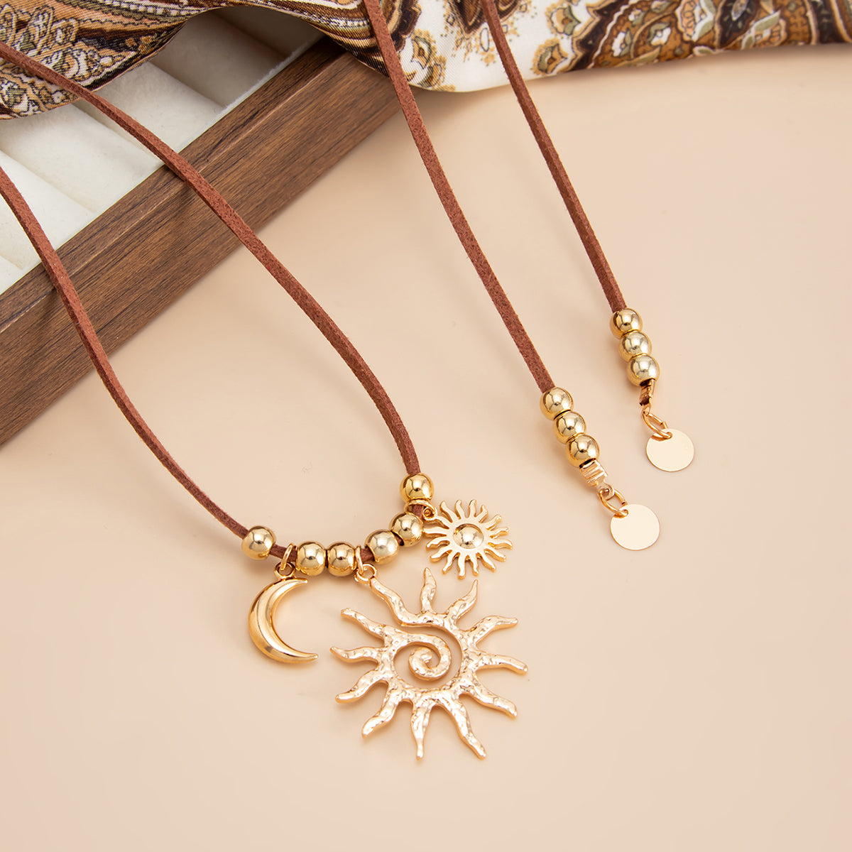 Brown Polyster and Goldtone Sun Moon Pendant Necklace, elegant gift for her, detail close-up