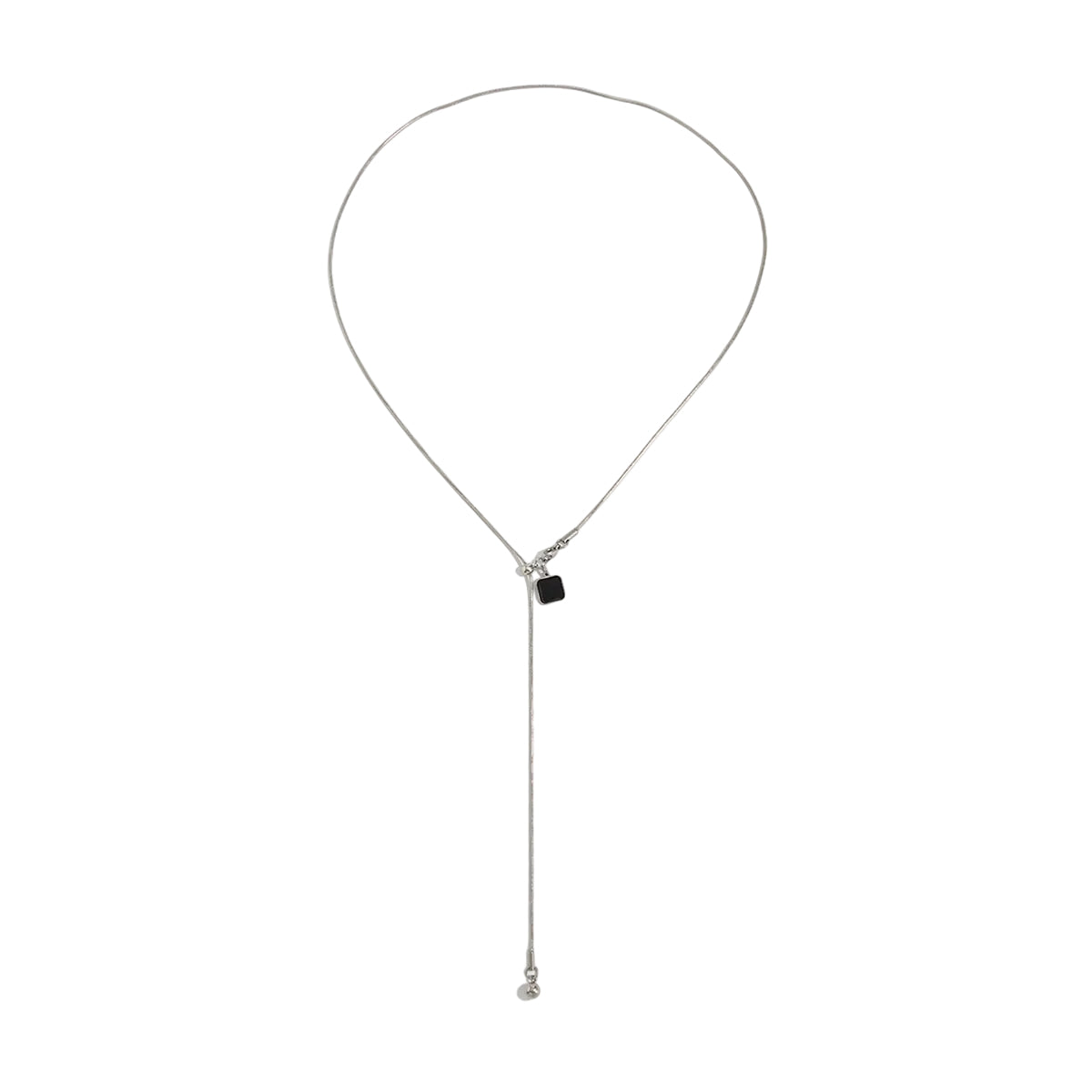 Black Enamel and Silvertone Square Lariat Necklace, everyday style, front view