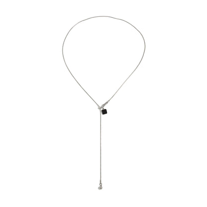 Black Enamel and Silvertone Square Lariat Necklace, everyday style, front view