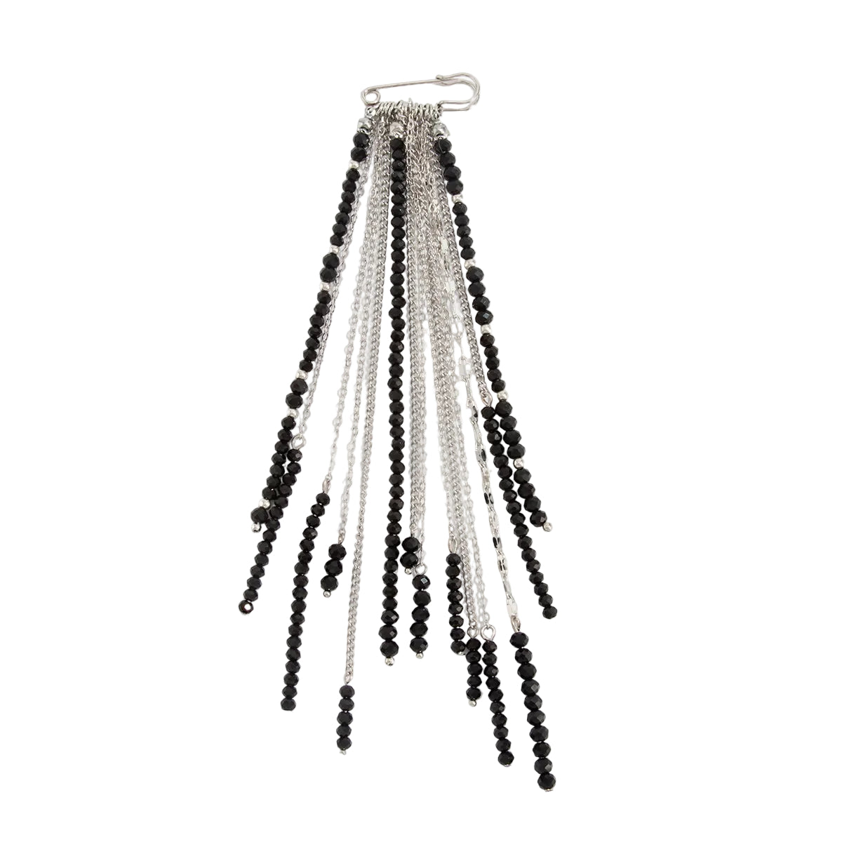 Black Acrylic and Silvertone Tassel Pin Brooch, dainty minimalist design, front view