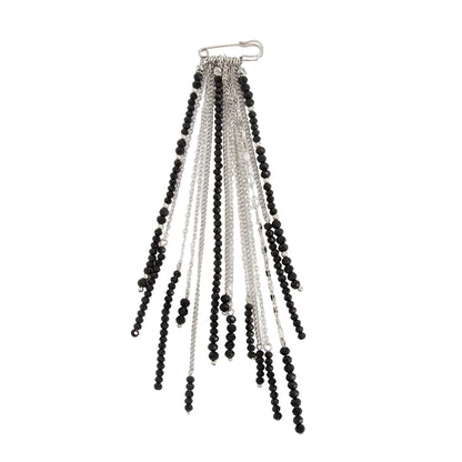 Black Acrylic and Silvertone Tassel Pin Brooch, dainty minimalist design, front view