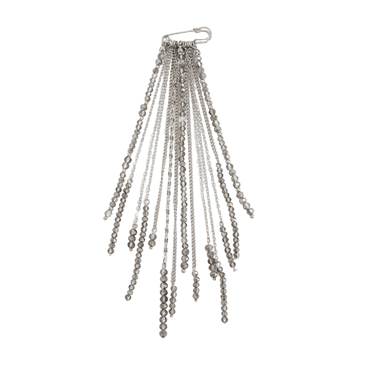Gray Acrylic and Silvertone Tassel Pin Brooch, vintage-inspired design, front view
