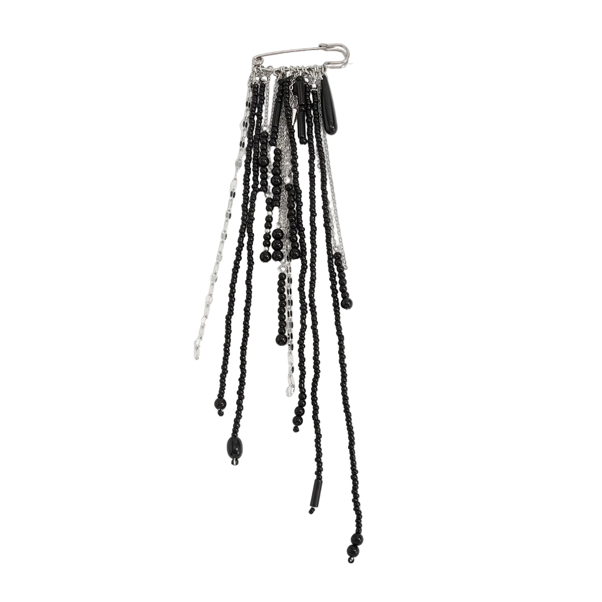 Black Crystal and Acrylic Silvertone Drop Tassel Pin Brooch, botanical inspired, front view