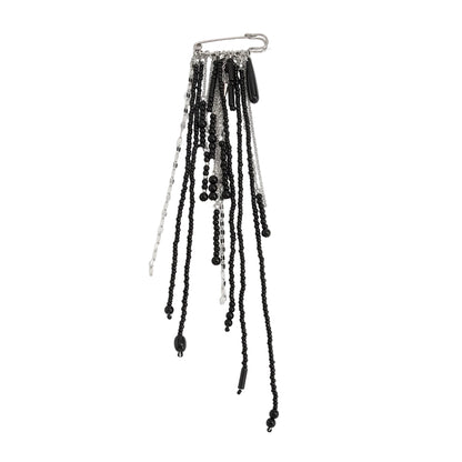Black Crystal and Acrylic Silvertone Drop Tassel Pin Brooch, botanical inspired, front view