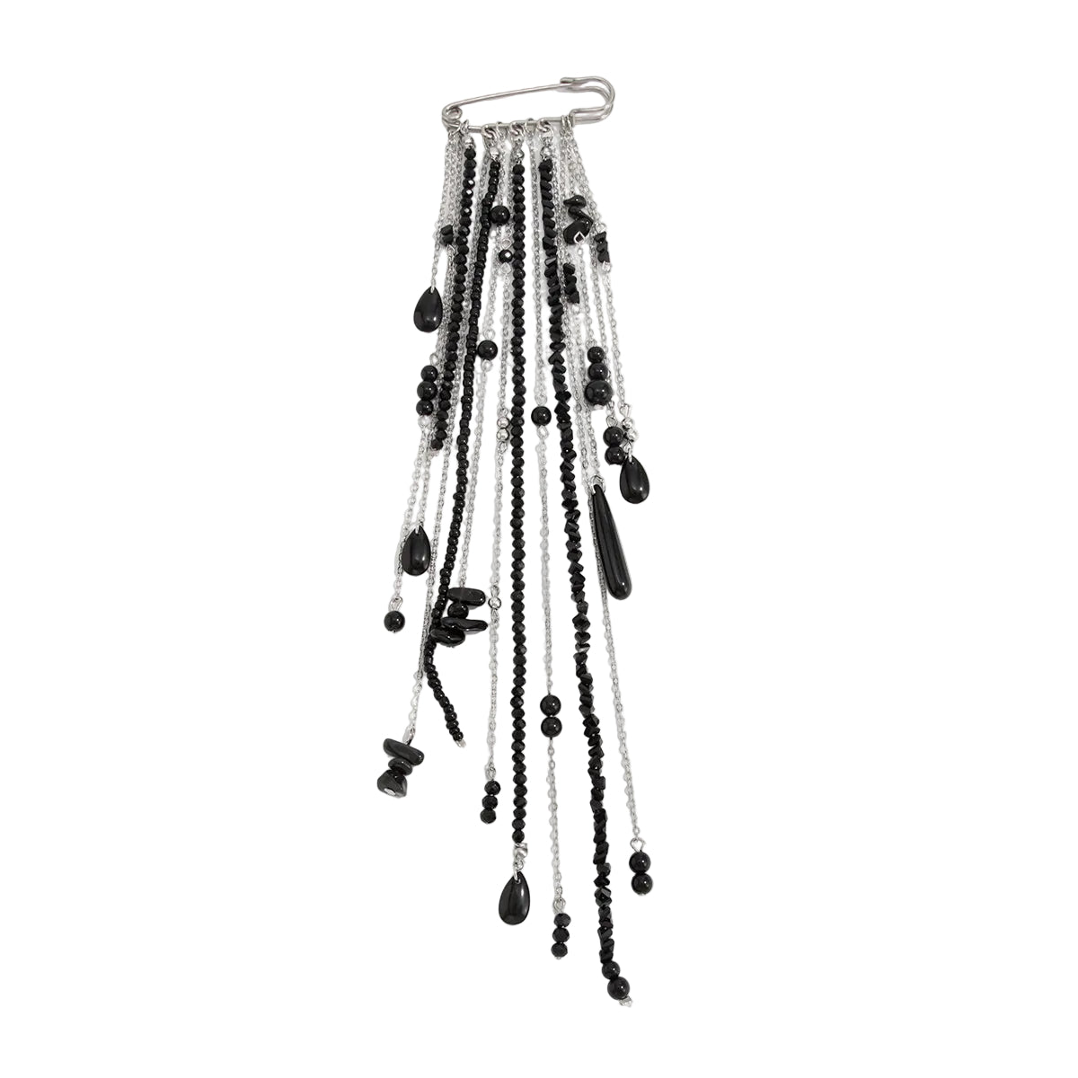 Black Crystal and Acrylic Silvertone Tassel Pin Brooch, dainty minimalist design, front view
