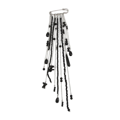Black Crystal and Acrylic Silvertone Tassel Pin Brooch, dainty minimalist design, front view