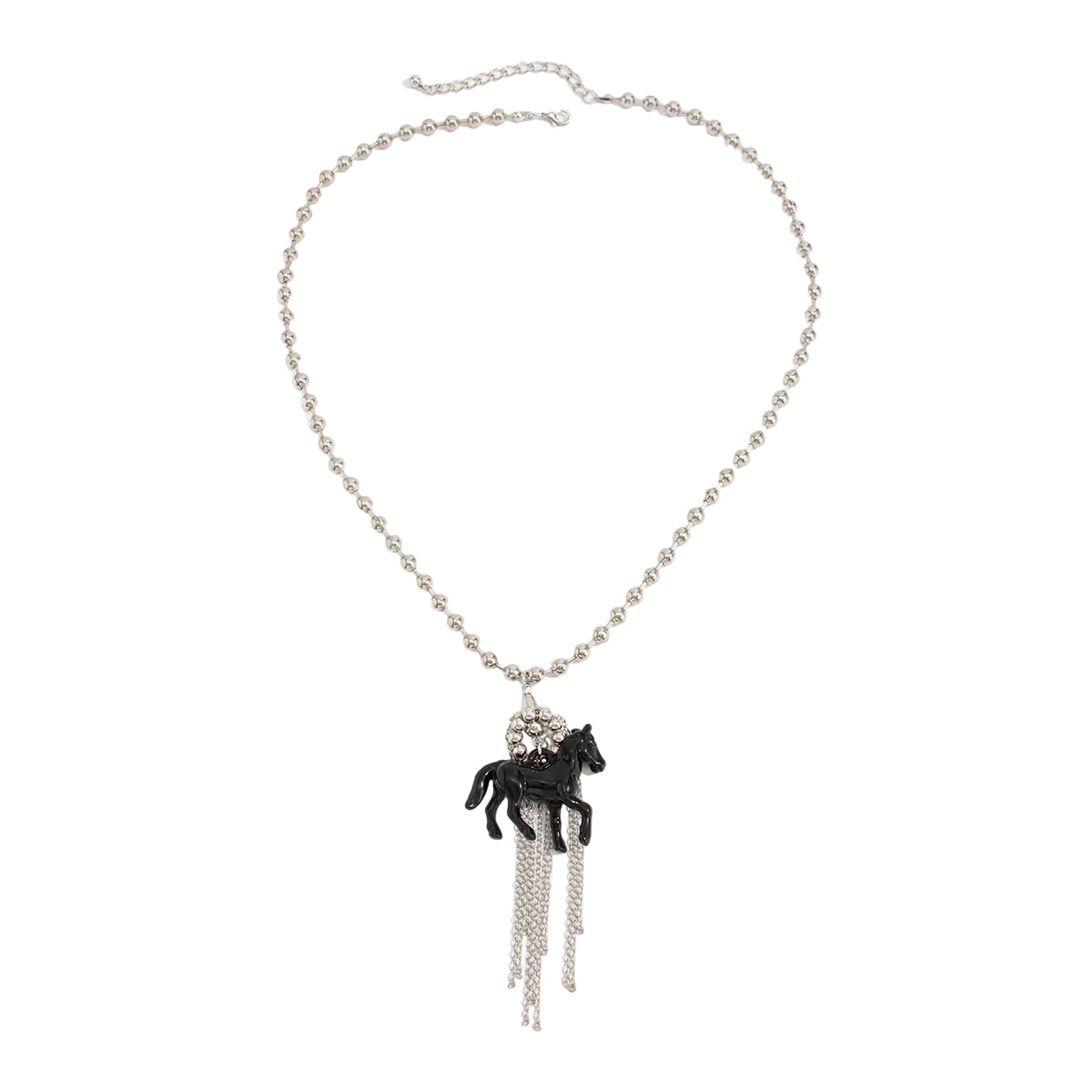Black Acrylic and Silvertone Horse Pendant Ball Chain Necklace, botanical inspired, front view