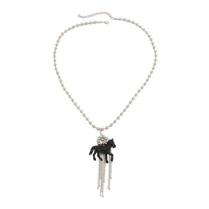 Black Acrylic and Silvertone Horse Pendant Ball Chain Necklace, botanical inspired, front view