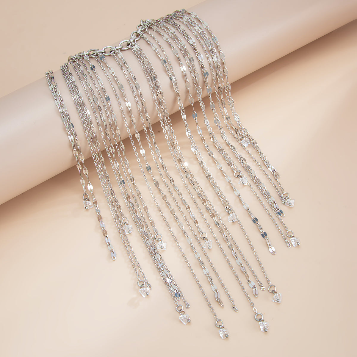 Acrylic and Silvertone Tassel Bracelet, dainty minimalist design, side view